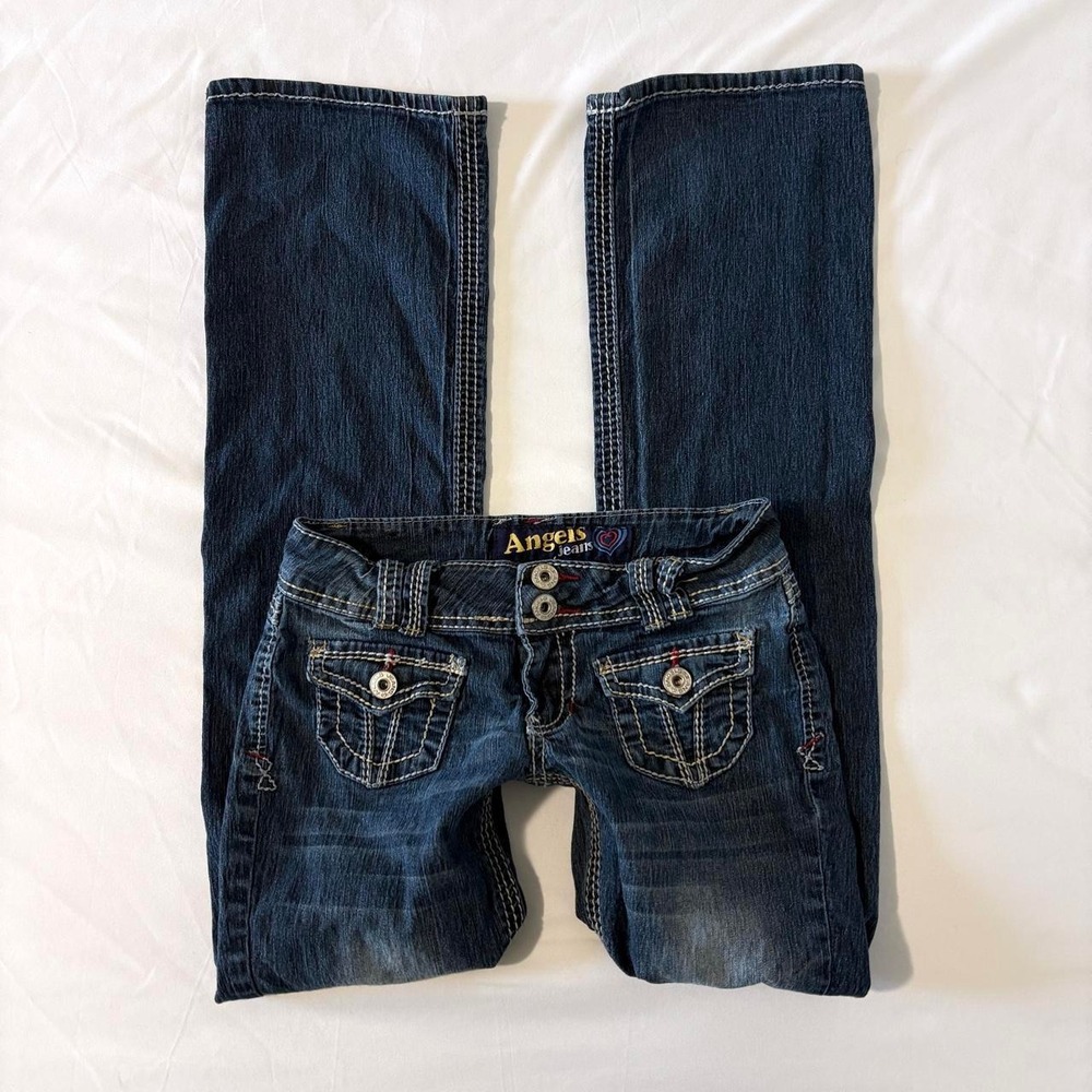 Angels Low Rise Flare Bootcut Jeans Womens 5 Blue Contrast Stitch Y2K Vintage